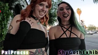 Two Goth Sluts Suck a Cock and Walk outside with a Thick Facial - my first Cum Walk!