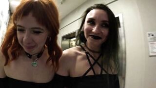 Two Goth Sluts Suck a Cock and Walk outside with a Thick Facial - my first Cum Walk!