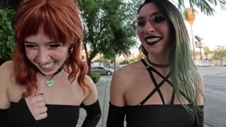 Two Goth Sluts Suck a Cock and Walk outside with a Thick Facial - my first Cum Walk!