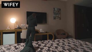 Birthday Gift for Cuck Husband: Hot Wifey Fucks Handyman in Hotel in Front Hubby Holds Hand and Hair