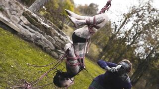 Outdoor Bondage Shibari Suspension - Tattoo Skinny Girl in Ropes on a Tree