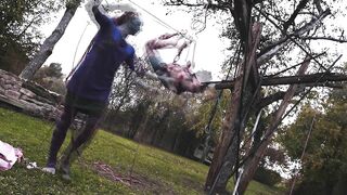 Outdoor Bondage Shibari Suspension - Tattoo Skinny Girl in Ropes on a Tree