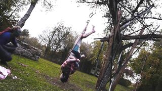 Outdoor Bondage Shibari Suspension - Tattoo Skinny Girl in Ropes on a Tree