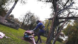 Outdoor Bondage Shibari Suspension - Tattoo Skinny Girl in Ropes on a Tree