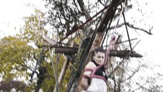 Outdoor Bondage Shibari Suspension - Tattoo Skinny Girl in Ropes on a Tree