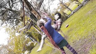 Outdoor Bondage Shibari Suspension - Tattoo Skinny Girl in Ropes on a Tree