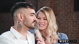 WIFEY Tiny Hotwife Sammm next Door Holds Hubby's Hand while she Devours Monster BBC