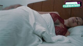 Step Mom Waiting Husband, but Shares Bed with Step Son till Huge Facial after Unexpected Cum inside