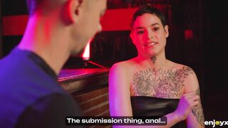 Obedient Tattooed Slut Gets Gagged and Dominated by two Rough Guys in BDSM Style