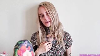 Young Beauty with Braces Licks Cum off her Hairy Pussy for the first Time