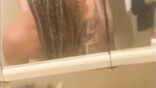Blasian Bent over Bathroom Sink while Roommates in other Room