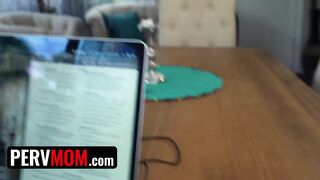 Tattooed Curvy Step Mom Caught Stepson Masturbating and gives him a Helping Hand