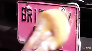 Kinky Lesbians become Horny while Washing a Pink Pickup Truck before doing Some strapon Fucking.