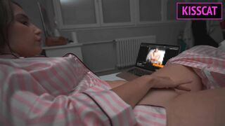 Step Son Distract Step Mom from Work, so she Helps Cum with Hand Job in Share Bed, but get Fuck