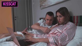 Step Son Distract Step Mom from Work, so she Helps Cum with Hand Job in Share Bed, but get Fuck