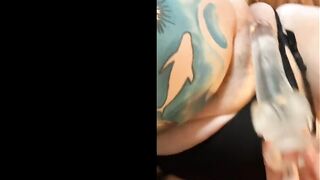 Tattooed Goth Girl Deep Fucking Hairy Pussy with Dildo and Tastes her Cum